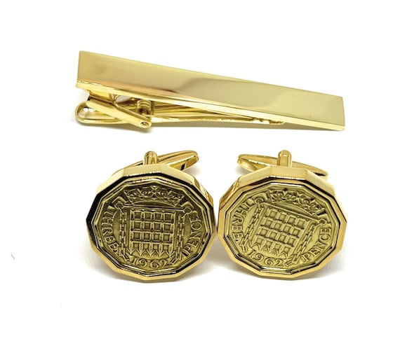 Threepence 3d 63rd birthday Cufflinks - Original 1962 threepence coin cufflinks 63rd, Fathers Day, 63rd Gift for Him, 63rd dad GLD Tie Set