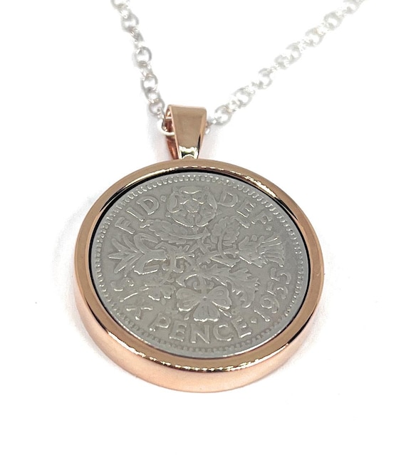 Round Pendant 1955 Lucky sixpence 70th Birthday plus a Sterling Silver 18in Chain, 70th birthday , 70th, gift from 1955 Rose Gld