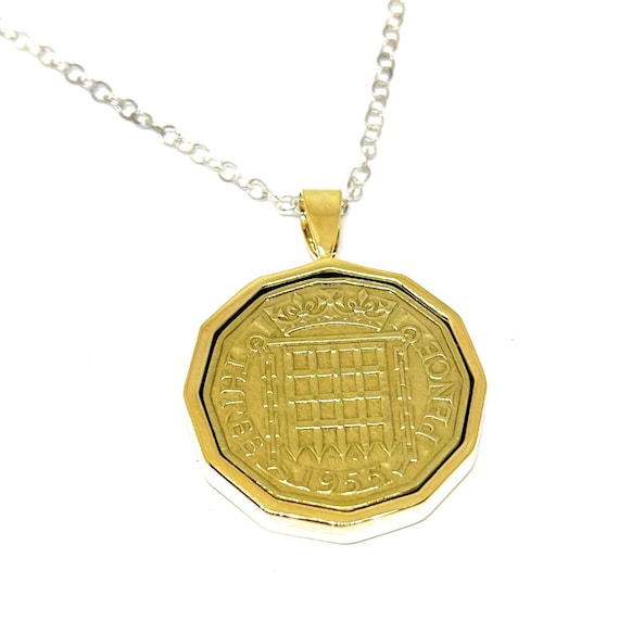 Round Pendant 1955 Lucky Threepence 70th Birthday plus a Sterling Silver 18in Chain, 70th birthday , 70th, gift from 1955 GLD