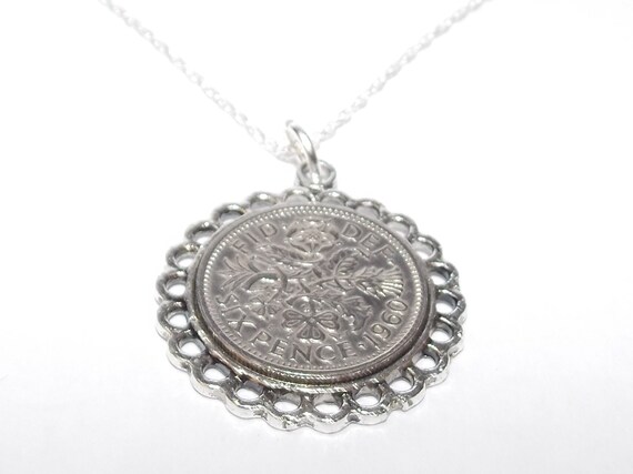 Fine Pendant 1960 Lucky sixpence 64th Birthday plus a Sterling Silver 18in Chain 64th birthday gift for her Thinking Of You,  Special Friend