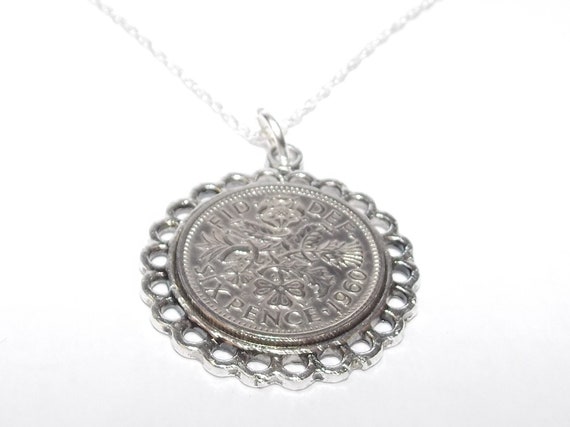 Fine Pendant 1960 Lucky sixpence 64th Birthday plus a Sterling Silver 18in Chain 64th birthday gift for her Thinking Of You,  Special Friend