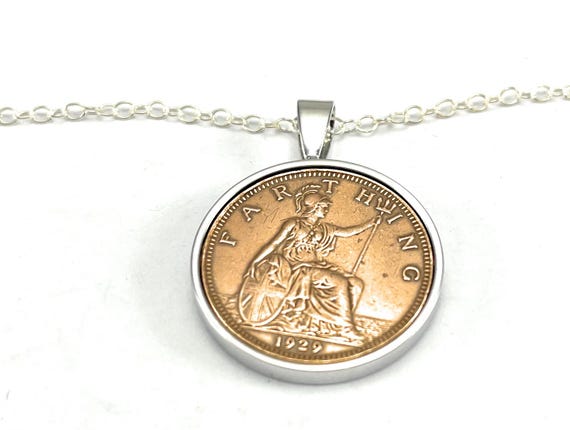 1929 Farthing Coin Pendant: 96th Birthday Gift, Silver, Gold or RoseGold plated mounts