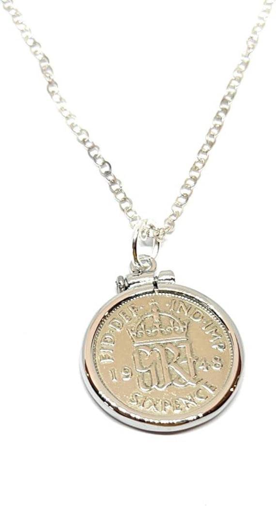 78th Birthday Gift, 1948 Sixpence Coin Pendant Solid Cinch: Sterling Silver Chain