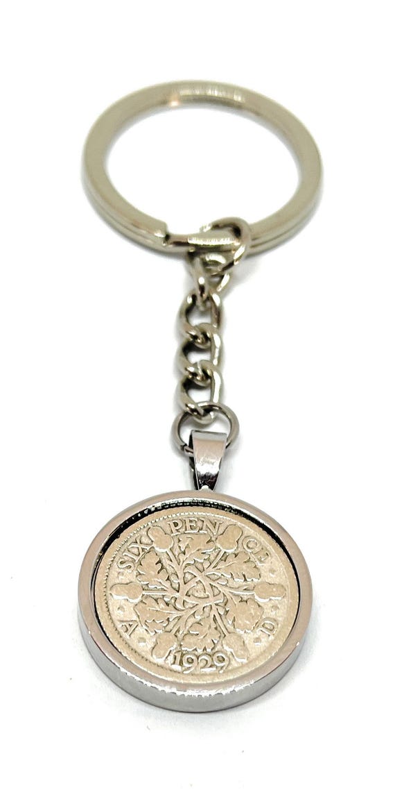 1929 Sixpence Keyring: 95th Birthday Gift, Silver, Gold or RoseGold Plated backs