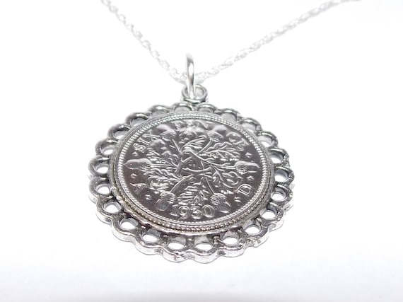 Fine Pendant 1930 Lucky sixpence 95th Birthday plus a Sterling Silver 18in Chain 95th birthday gift for her, Thinking Of You, Mum, Dad