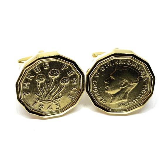 1943 Threepence 3d 82nd birthday Cufflinks - Original 1943 threepence coin cufflinks 82nd Thinking Of You,  Special Friend, Mum, Dad GLD HT