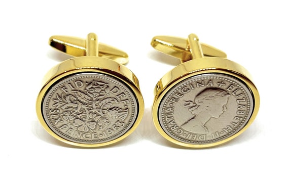 Premium 1963 Sixpence Cufflinks for a 62nd birthday.  Original British sixpences inset in Gold  Plated Cufflinks backs