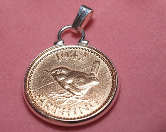 1944 80th Birthday Anniversary Farthing coin Silver Plated Pendant mount 80th birthday gift for her Sterling silver chain.