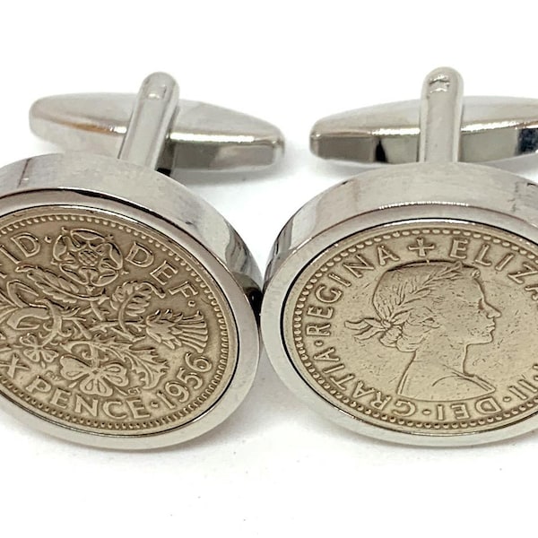 Gemelli con moneta da sei penny fortunati del 1956 per il 70° compleanno: montature placcate in argento, oro o oro rosa