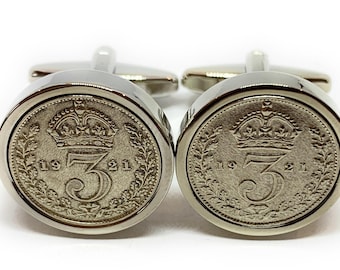 Birthday Cufflinks, 1921 Silver Threepence Coin with Box