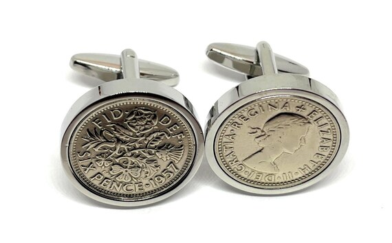 Premium 1957 Sixpence Cufflinks for a 68th birthday.  Original british 1957 sixpences for 68th Birthday, Fathers day, Dad, Brother, Uncle