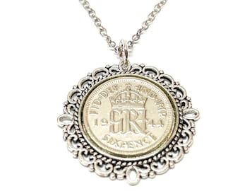Ciondolo Moneta 6 Pence 1955 OCC - Con Catena Argento Sterling, Regalo