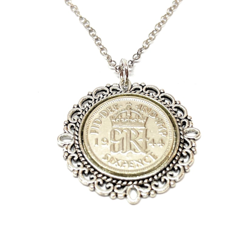 Fancy Pendant 1944 Lucky sixpence 80th Birthday gifts for women Sterling Silver 18in Chain 80th birthday gift for her, Thinking Of You, Mum image 1