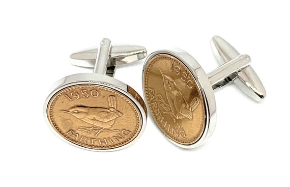 Luxury 1951 Farthing Cufflinks for a 72nd birthday.  Original british Farthings inset in Gold Plated French Cufflinks backs 72nd SLV