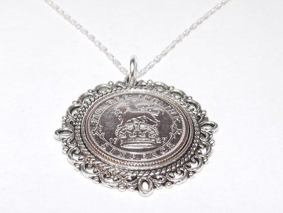 Fancy Pendant 1927 Lucky sixpence 97th Birthday plus a Sterling Silver 18in Chain, 97th birthday gift for her Thinking Of You, Mum Dad