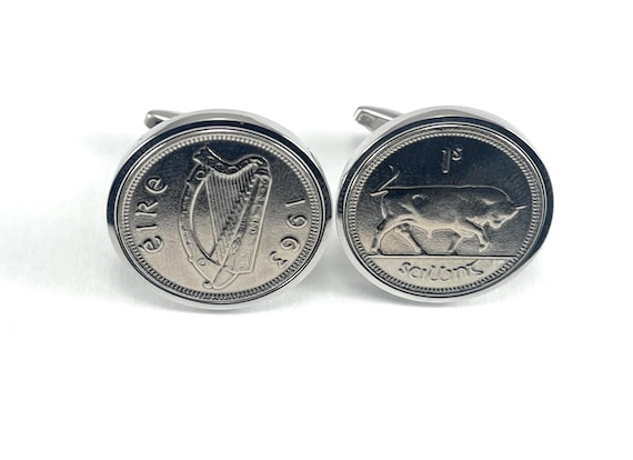 1963 Irish Shilling coin cufflinks 63rd birthday gift 23mm: Silver Plated backs