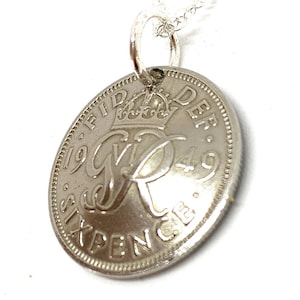 1949 Sixpence Pendant: 76th Birthday Gift, Sterling Silver Chain