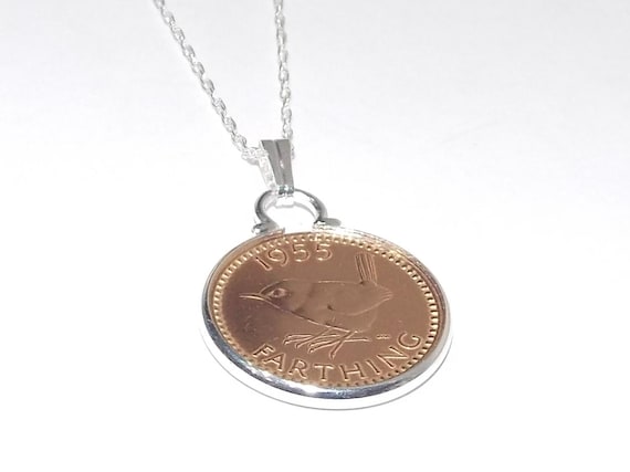 1955 70th Birthday Gift Farthing Coin Pendant: Silver Plated mounts