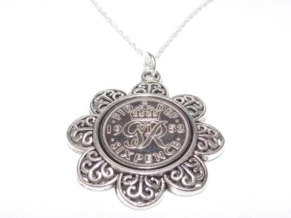 Floral Pendant 1952 Lucky sixpence 73rd Birthday plus a Sterling Silver 18in Chain 73rd birthday gift for her, Thinking Of You, Mum, Dad