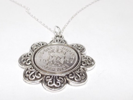 Floral Pendant 1939 Lucky sixpence 85th Birthday plus a Sterling Silver 18in Chain 85th birthday gift for her, Thinking Of You, Mum, Dad