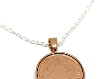 8th Bronze anniversary Solid Rose Gold Plated Pendant bronze 1p coins from 2016 - Anniversary Gift for a Bronze Wedding 8th wedding gift