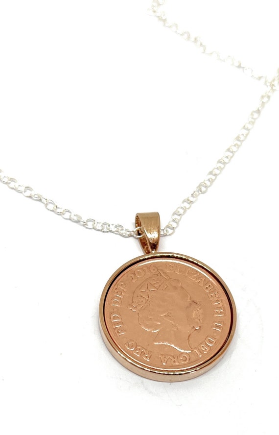 Anniversary 9th Pottery Solid Rose Gold Plated Pendant bronze 1p coins from 2016 - Anniversary Gift for a Pottery Wedding 9th wedding gift