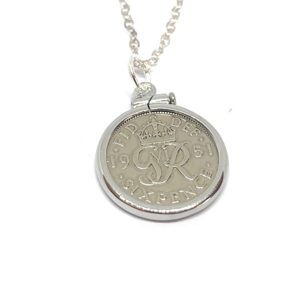 1951 74th Birthday / Anniversary Sixpence coin Solid Cinch pendant plus a Sterling Silver chain gift 74th birthday gift for her 1951