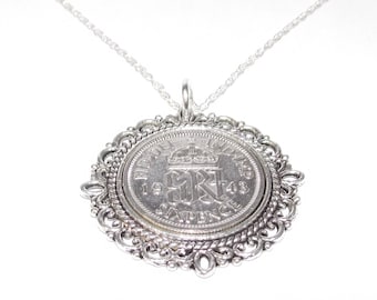 Fancy Pendant 1943 Lucky sixpence 81st Birthday plus a Sterling Silver 18in Chain 81st birthday gift for her, Thinking Of You, Mum, Dad