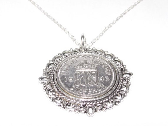 Fancy Pendant 1943 Lucky sixpence 82nd Birthday plus a Sterling Silver 18in Chain 82nd birthday gift for her, Thinking Of You, Mum, Dad