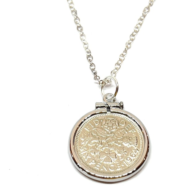 1964 60th Birthday gift for women / Anniversary sixpence coin Solid Cinch pendant plus 18inch SS chain gift 60th birthday gift for her