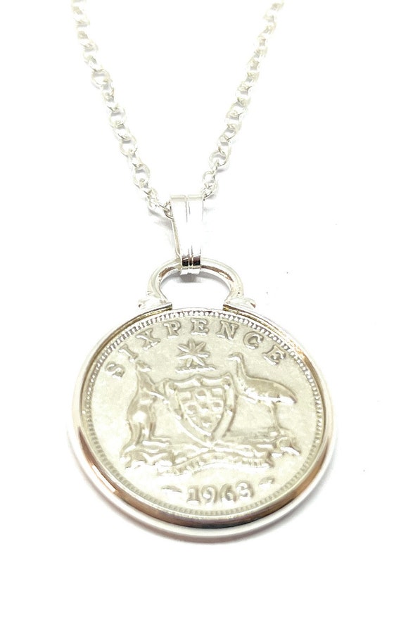 1963 61st Birthday / Anniversary Australian sixpence coin Cinch pendant plus 18inch SS chain gift 61st birthday gift for her SLV