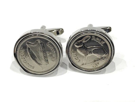 1934 Irish coin cufflinks- Great coin gift idea. Genuine Irish 3d threepence coin cufflink 90th birthday hare and harp Thinking Of You