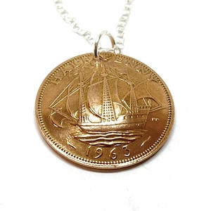 1963 Halfpenny Ship Pendant: 62nd Birthday Gift