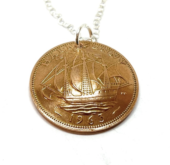 1963 Domed Ship Halfpenny Pendant 61st birthday.  Original coins Great gift from 1963 61st Mothers day gift for her,  Thinking Of You