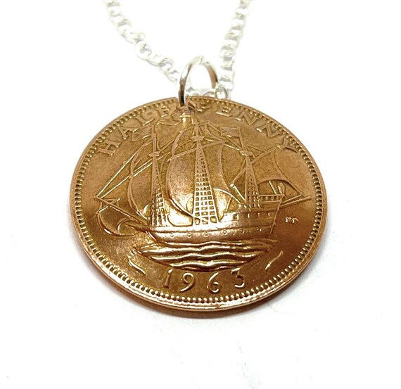 1963 Domed Ship Halfpenny Pendant 62nd birthday.  Original coins Great gift from 1963 62nd Mothers day gift for her,  Thinking Of You