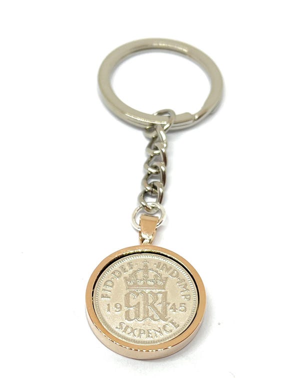 1945 80th Birthday Keyring-Sixpence Keyring- Mum, Dad, Brother, Sister- 80th Birthday-Coin Keyring, Sixpence Coin, 80th Anniversary, 6d GLD