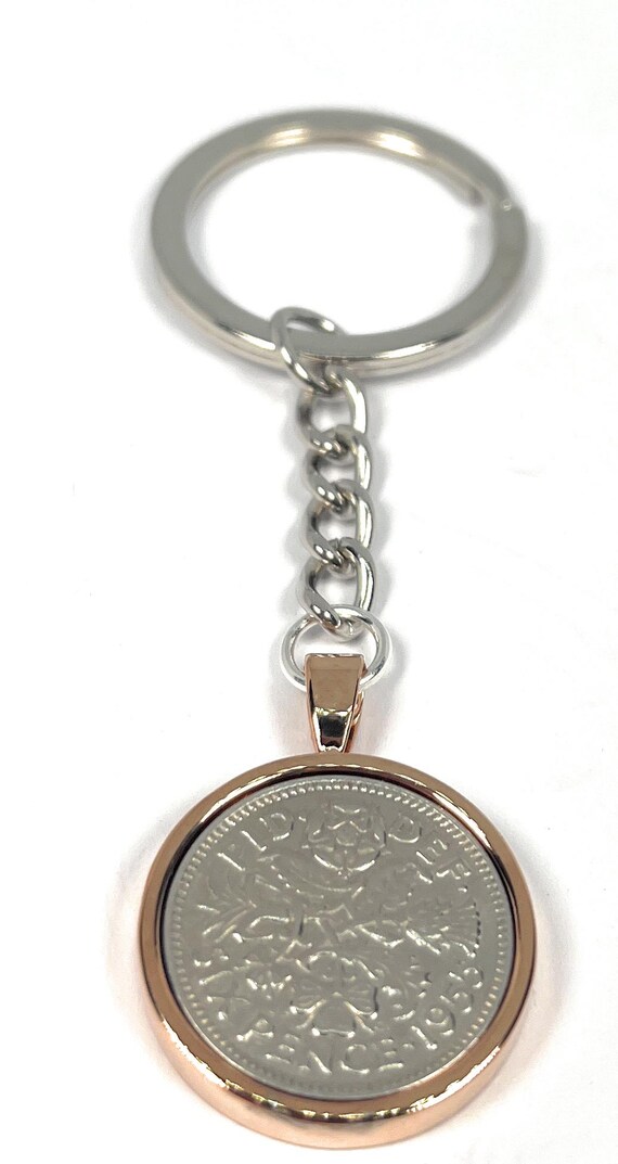 1955 70th Birthday Keyring-Sixpence Keyring- Mum, Dad, Brother, Sister- 70th Birthday-Coin Keyring, 70th Anniversary, 6d Rose Gld