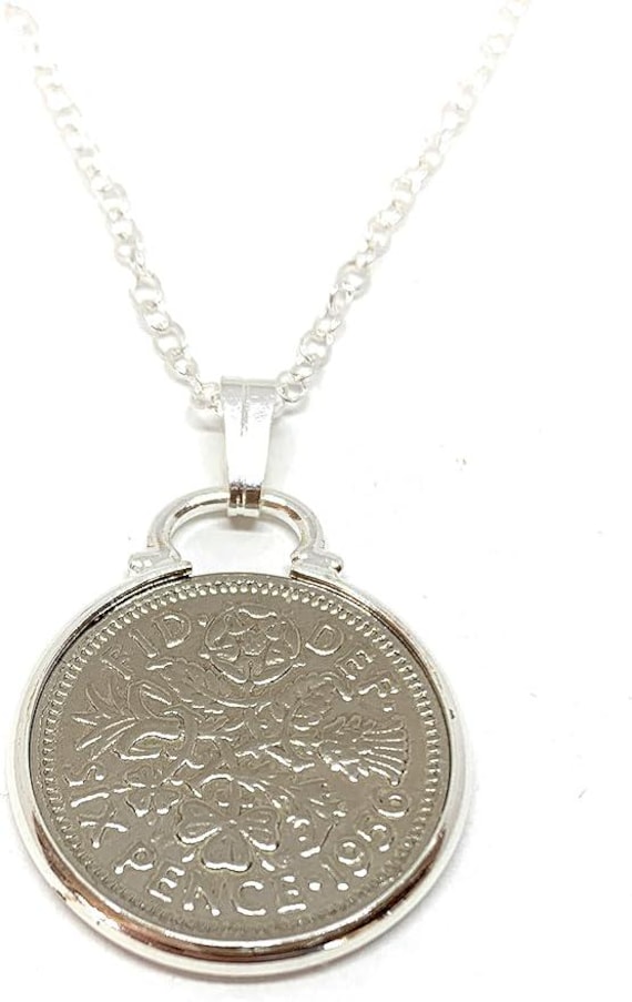 1956 Sixpence Coin Pendant 69th Birthday Gift Cinch: Sterling Silver Chain