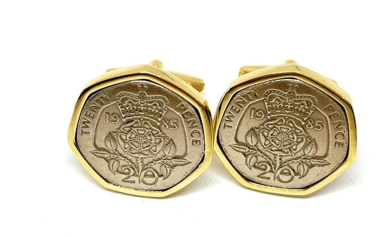 1985 40th Birthday / Anniversary 20 pence coin cufflinks - One pence cufflinks from 1985 for a 40th birthday Thinking Of You, Mum Dad GLD