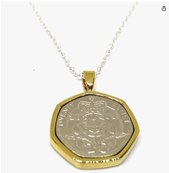2002 24th Birthday Gift Twenty Pence Coin Pendant - Sterling Silver Chain, Gold Plated Mount
