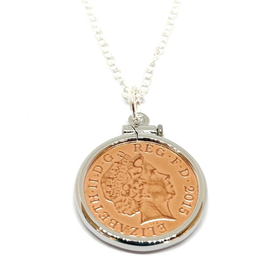 Anniversary 10th Tin Solid Cinch Pendant - Tin 1p coin from 2015 - Great Anniversary Gift for a Tin Wedding 10th wedding gift