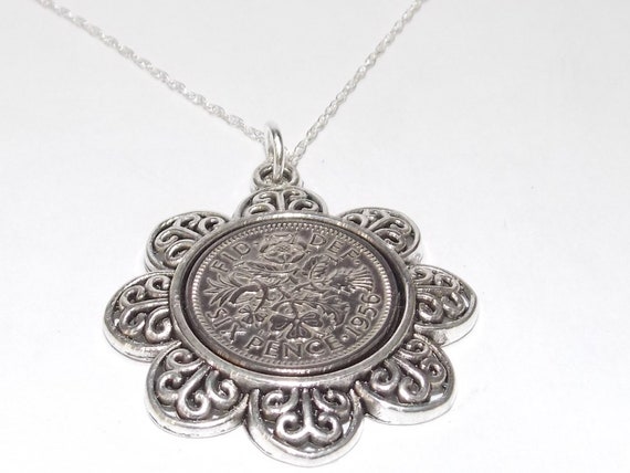 Floral Pendant 1956 Lucky sixpence 69th Birthday plus a Sterling Silver Chain, 66th birthday gift from 1956, 1956 69th birthday gift