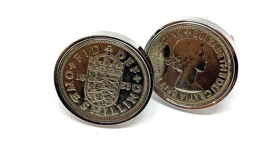 Luxury 1953 Shilling Cufflinks for a 72nd birthday.  Original Shilling inset in Silver Plated French Cufflinks backs 72nd HT SLV