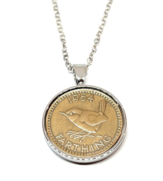1954 70th Birthday Anniversary Farthing coin in a Silver Plated Solid Pendant plus 18 Inch SS Chain 70th birthday gift for Women