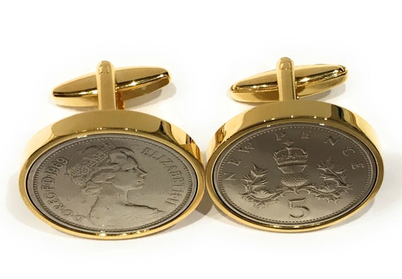 1980 44th Birthday / Anniversary Old Large English 5p coin cufflinks - British Five Pence cufflinks from 1980 for a 44th birthday Gold