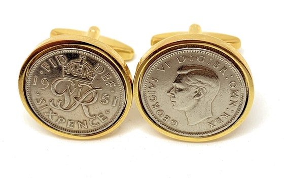 GLD Premium 1951 Sixpence Cufflinks for a 73rd birthday.  Original British sixpences inset in Silver Plated French Cufflinks backs 73rd HT