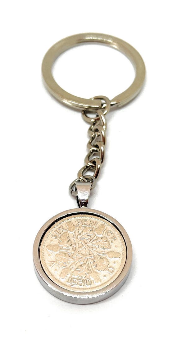 1930 Sixpence Keyring: 95th Birthday Gift, Silver, Gold, RoseGold Plated Mount