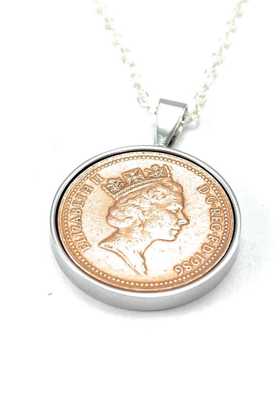 1986 39th Birthday Gift Penny For Luck Coin Pendant : Silver, Gold or RoseGold Plated