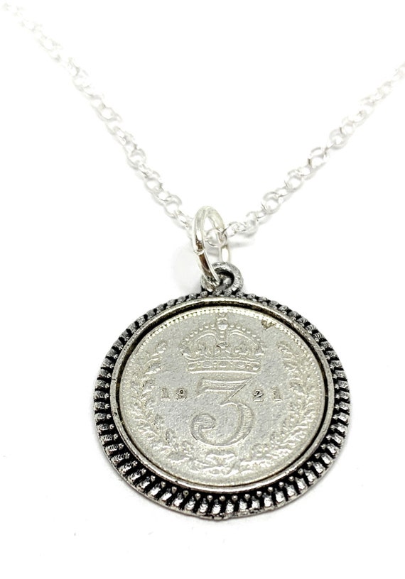 Round Pendant 1921 Lucky Silver Threepence 103rd Birthday plus a Sterling Silver 18in Chain 103rd birthday gift for her Thinking Of You