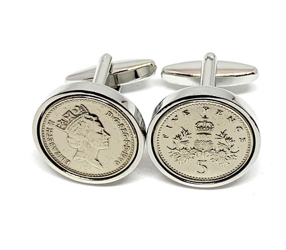 30th Anniversary Silver Wedding Anniversary 1995 5p coin cufflinks - for a wedding in 1995 Silver anniversary HT Thinking Of You, Mum Dad